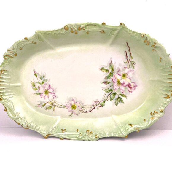 Vintage Limoges France Hand Painted Green Oval Serving Platter 16" * 10.5 " - Picture 1 of 7